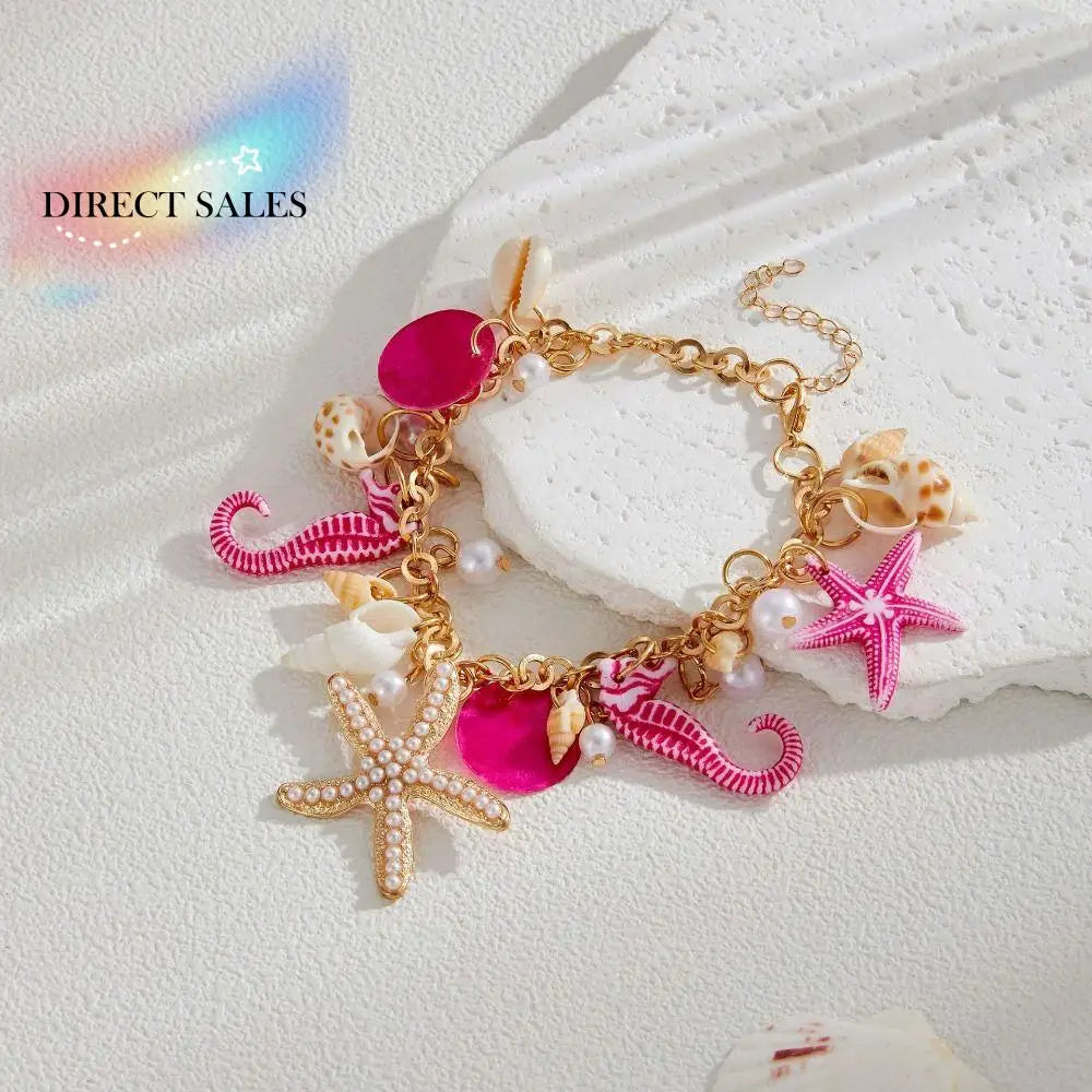 Bohemian Sea Shell & Starfish Bracelet – Imitation Pearl Beaded Adjustable Beach Jewelry for Women
