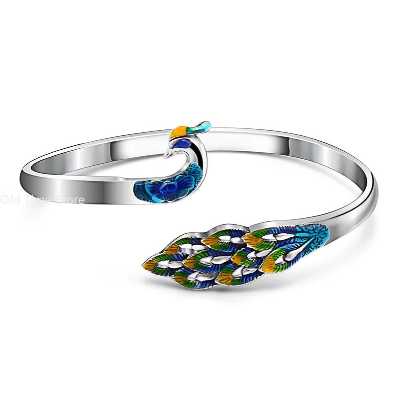 Cloisonné Peacock & Phoenix Silver-Plated Bracelet – Ethnic Vintage Openwork Jewelry for Women