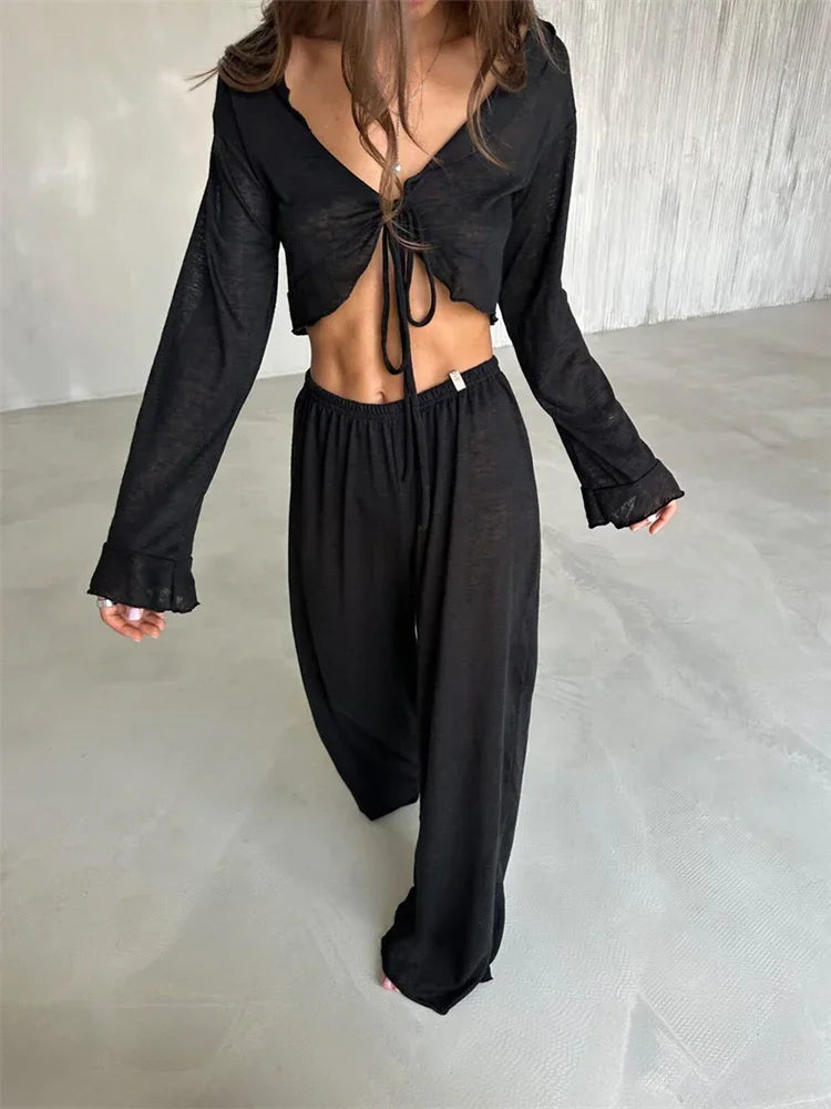 Women’s 2-Piece Fashion Set – V-Neck Lace-Up Long Sleeve Top & High-Waist Trousers | Casual Chic Outfit