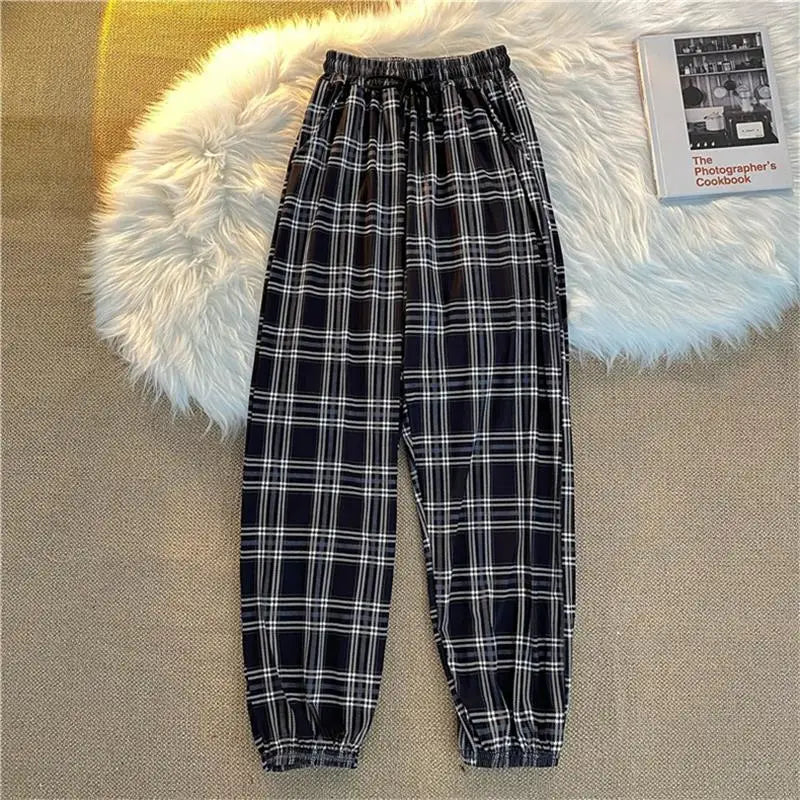 Women’s Korean Plaid Casual Pants – Loose Harajuku Harem Trousers | Summer Streetwear Fashion for Students