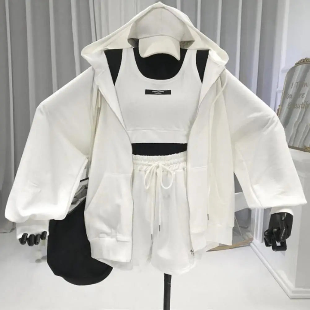 Women’s 3-Piece Casual Activewear Set – Hoodie, Drawstring Shorts & Vest | Sportswear & Lounge Outfit
