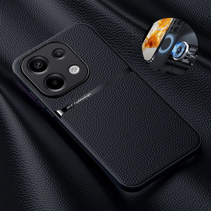 Magnetic Car Holder Leather Case for Xiaomi Redmi Note 13 Pro / 13 Pro Plus 5G – TPU Bumper Protective Cover