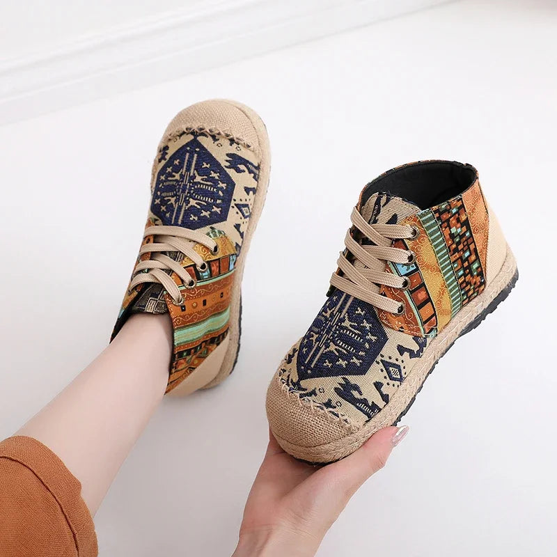 Women’s Bohemian Grass Woven Flat Espadrilles – Comfortable Lace-Up Non-Leather Casual Shoes