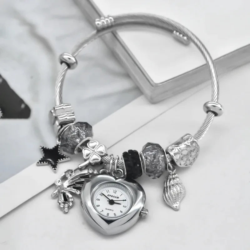Women’s Love Bracelet Quartz Watch – Stylish Round Silver Casual Fashion Jewelry Gift