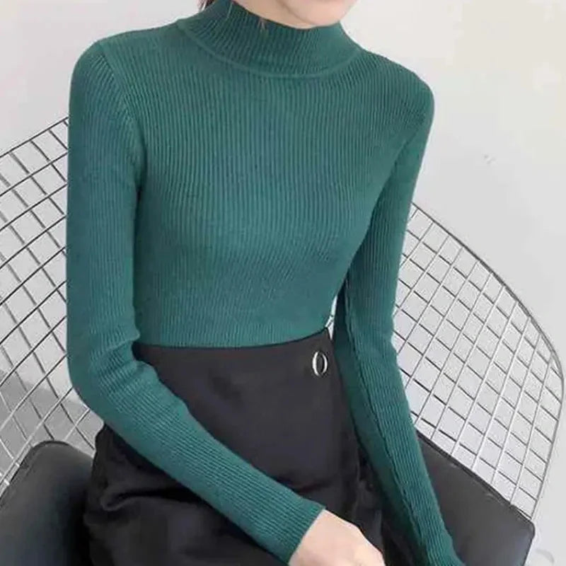 Autumn Winter Women’s Mock Neck Slim Knit Sweater