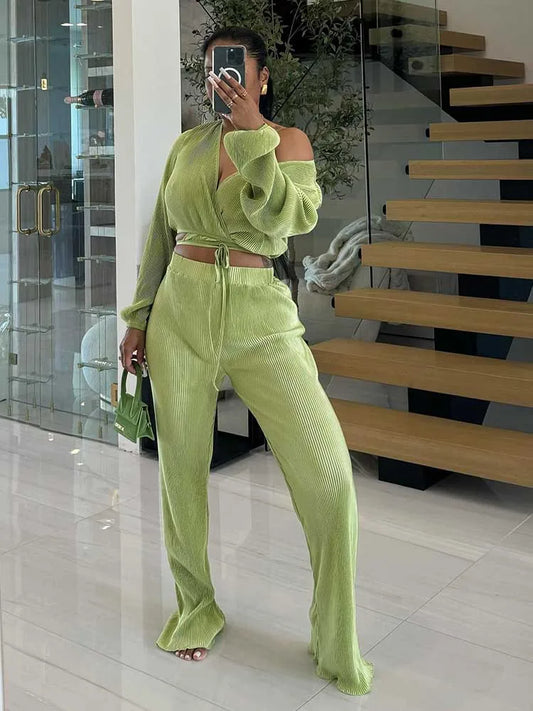 Women’s Casual 2-Piece Lounge Set – Draped Top & Elastic Wrap Pants | Fall Outfits Wholesale Dropshipping