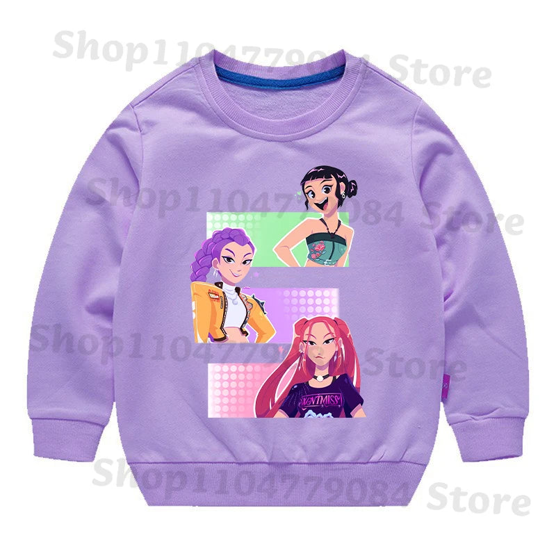 K-pop Demon Hunters Round-Neck Sweatshirt – Cute Anime Cartoon Hoodie for Children, Boys & Girls, Spring & Autumn Sport Fashion