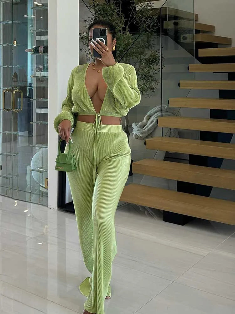 Women’s Casual 2-Piece Lounge Set – Draped Top & Elastic Wrap Pants | Fall Outfits Wholesale Dropshipping