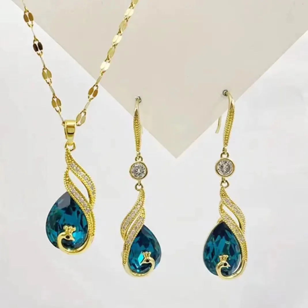Elegant Blue Peacock Crystal Jewelry Set – Long Tassel Necklace & Earrings for Women, Vintage Luxury Party Gift