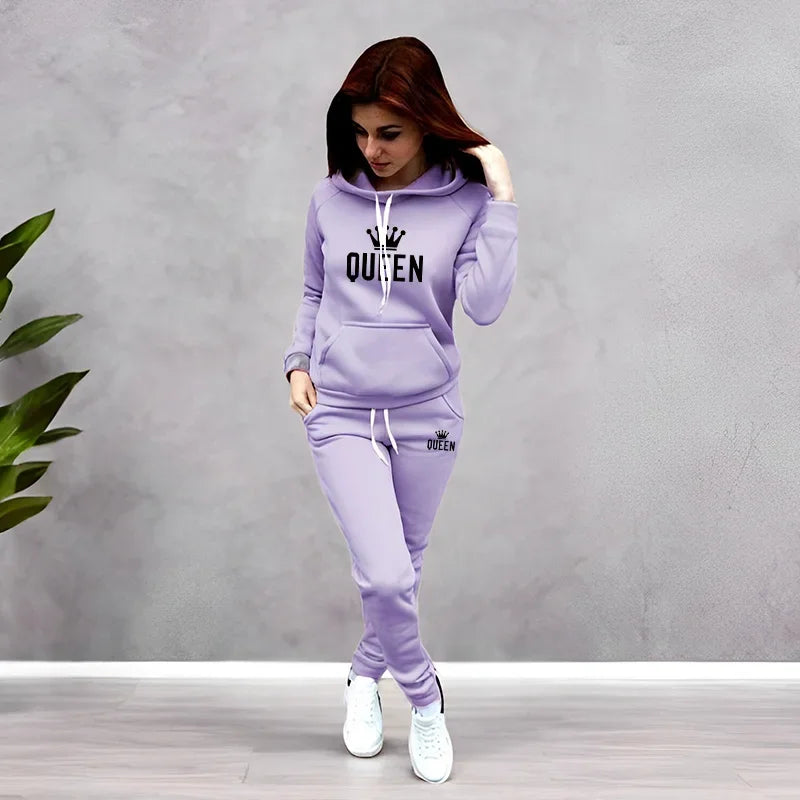 Women’s 2-Piece Queen Printed Hoodie & Pants Set – Casual Sporty Lounge Tracksuit | Autumn Winter 2025 New Arrival