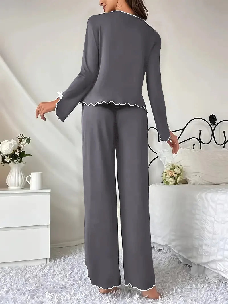 New 2025 Women Spring Summer Pajamas Set – Long Sleeve Solid T-shirt with Pants, Loose Casual Loungewear