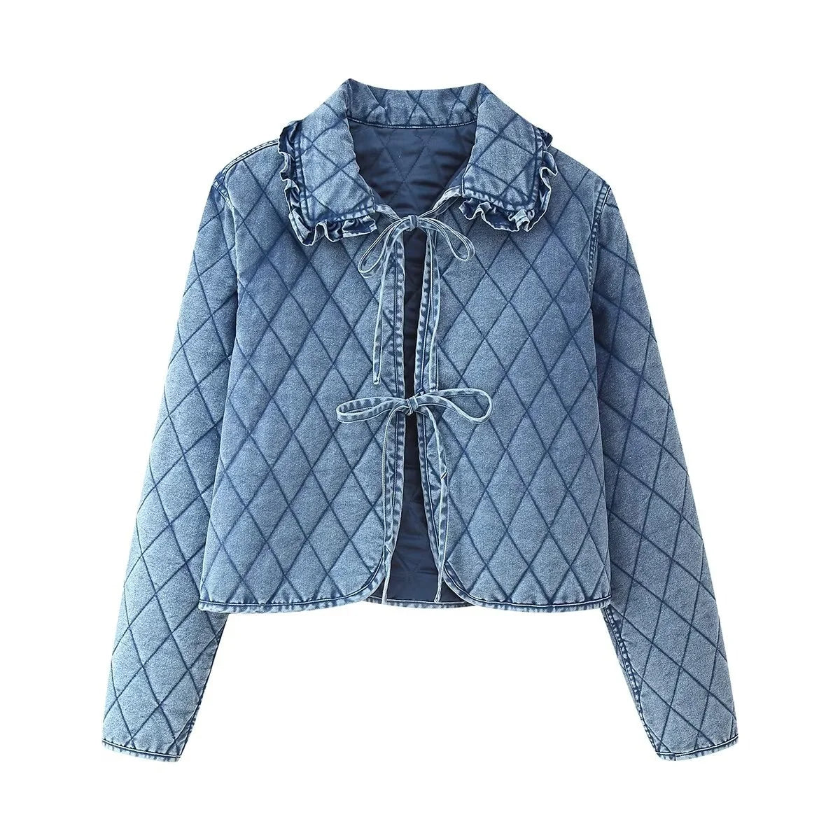 Women’s Quilted Denim Coat – Washed Cowboy Jacket with Bow Decoration | Spring/Summer Casual Fashion