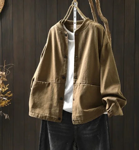 Women’s Casual Cotton Coat – 2025 Autumn Solid Color Loose Short Jacket with Double Pockets | Simple Everyday Style (T647)