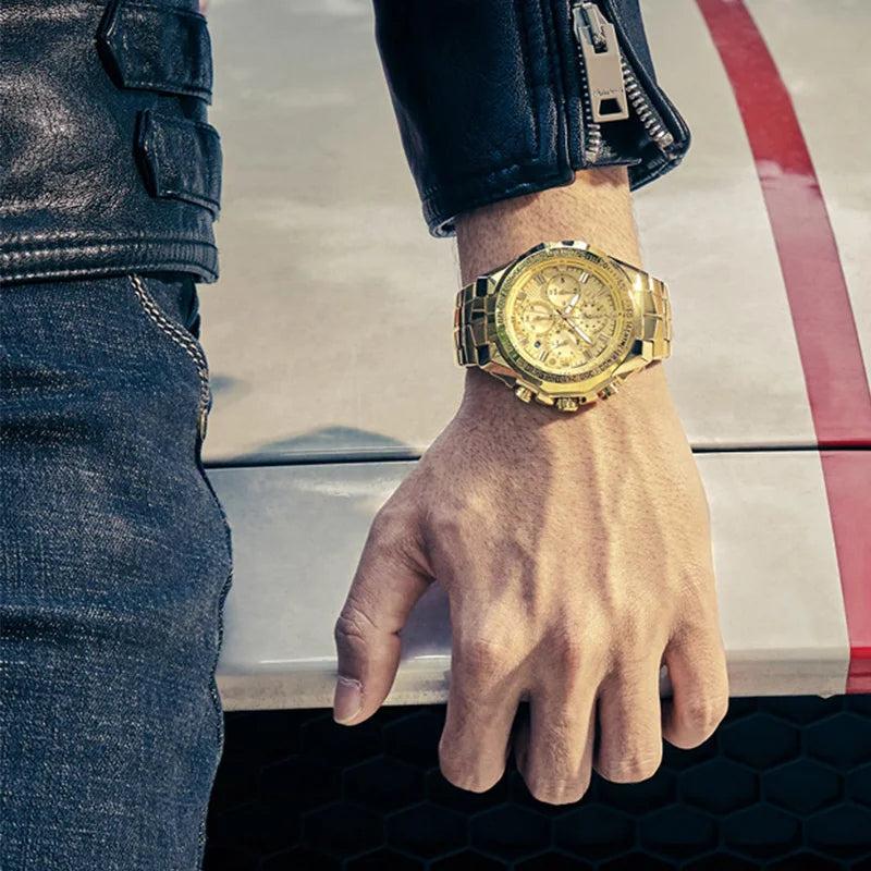 WWOOR Men’s Luxury Gold Chronograph Watch – Big Dial Waterproof Quartz Wristwatch