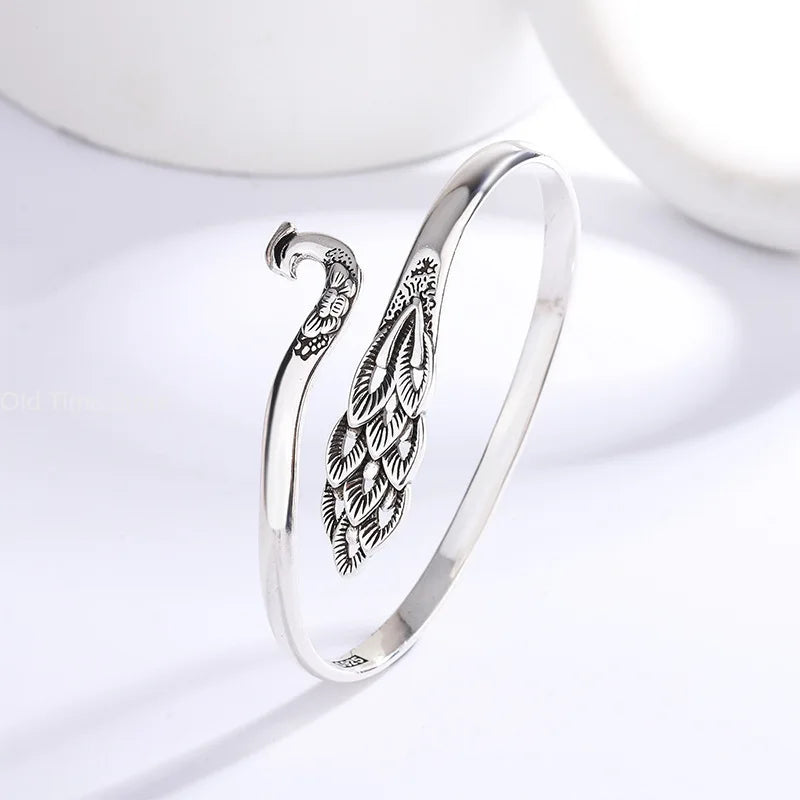 Cloisonné Peacock & Phoenix Silver-Plated Bracelet – Ethnic Vintage Openwork Jewelry for Women