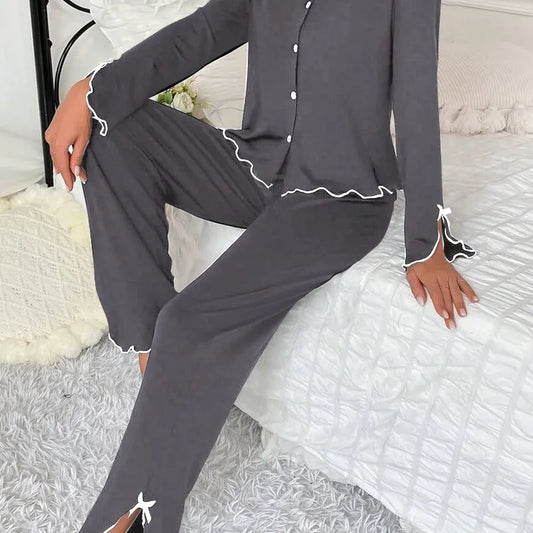 New 2025 Women Spring Summer Pajamas Set – Long Sleeve Solid T-shirt with Pants, Loose Casual Loungewear
