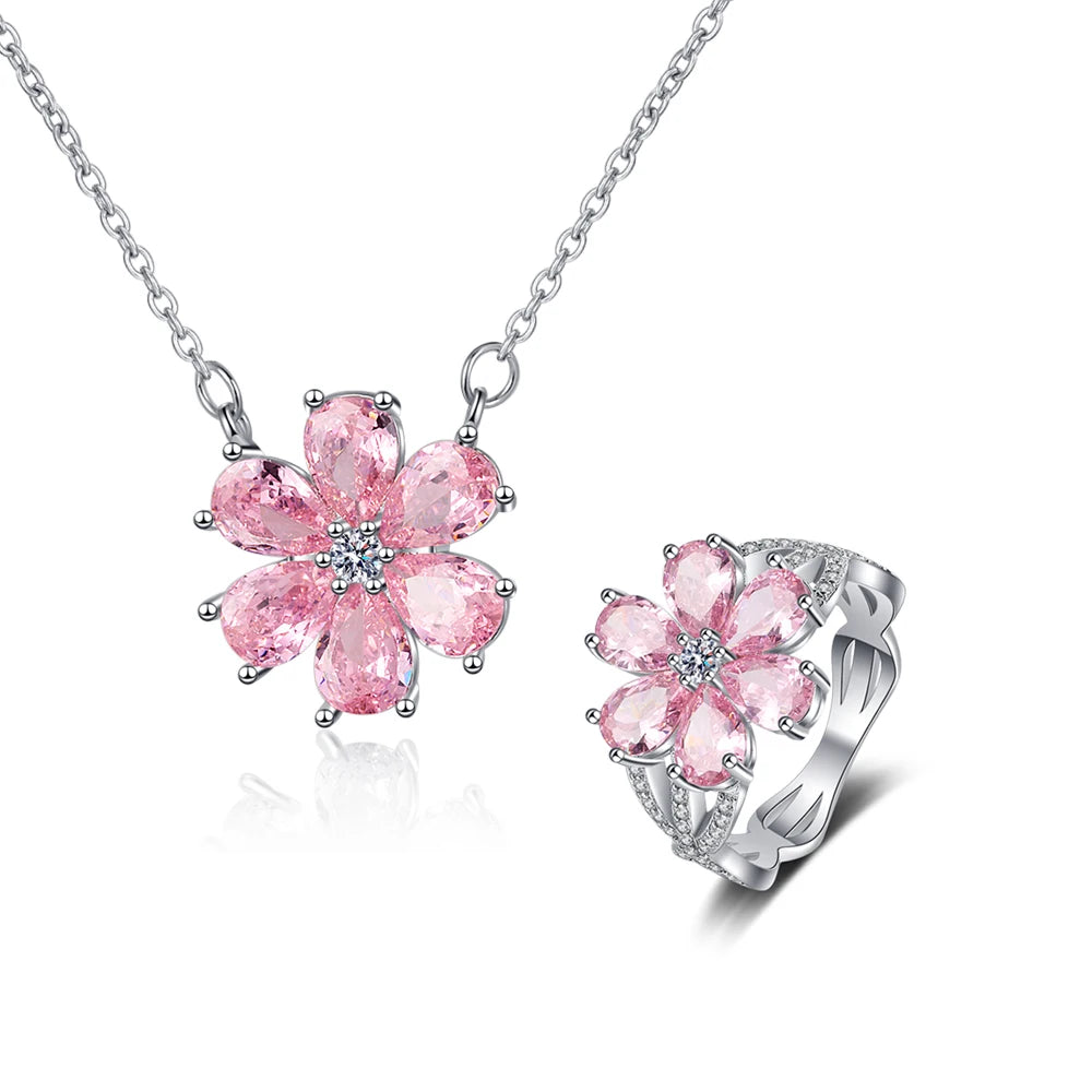 FCGJHW Pink Zircon Crystal Flower Jewelry Set – Fashion Wedding Necklace, Earrings, Bracelet & Ring for Women