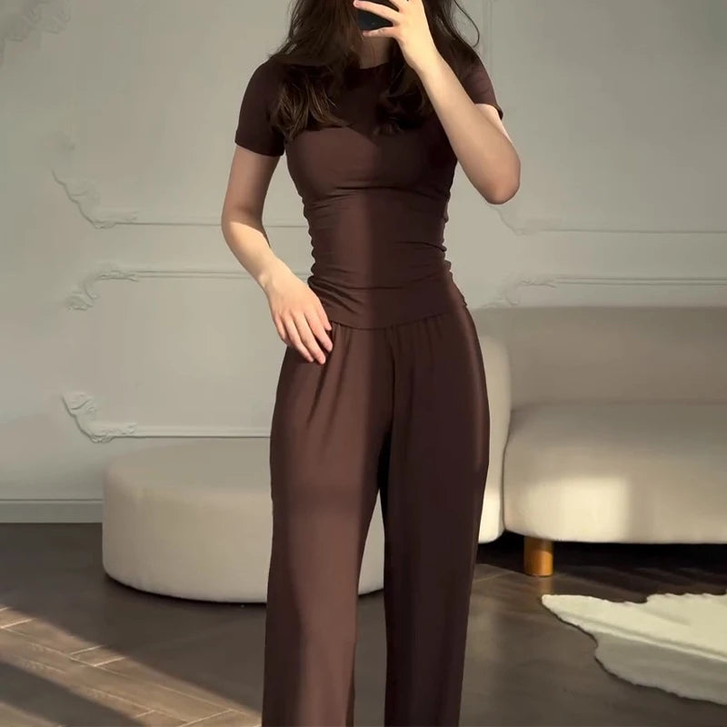 Women’s Casual Two-Piece Pants Set – Short Sleeve O-Neck T-Shirt & Elastic Waist Trousers | Spring Summer Solid Lounge Outfit