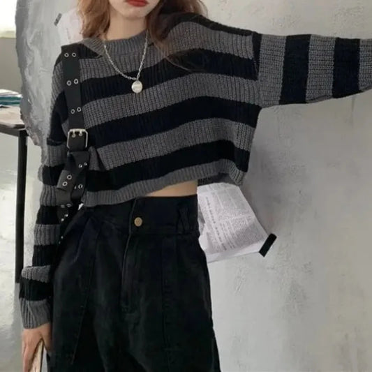 Women’s Striped Cropped Sweater – Korean Vintage Oversized Knit Jumper