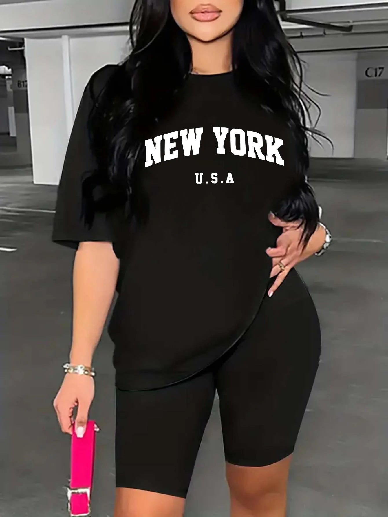 Women’s 2-Piece Sportswear Set – “New York” Letter Print T-Shirt & Athletic Shorts | Casual Activewear Outfit
