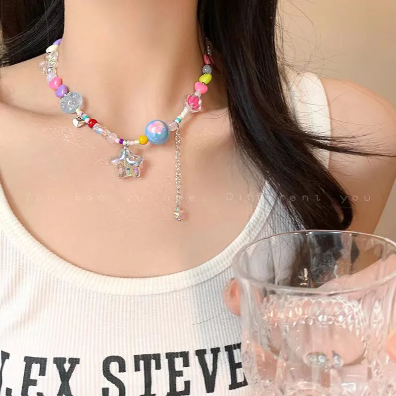 Harajuku Y2K Colorful Beaded Bow Pendant Necklace – Aesthetic Acrylic Jewelry for Women & Party Wear