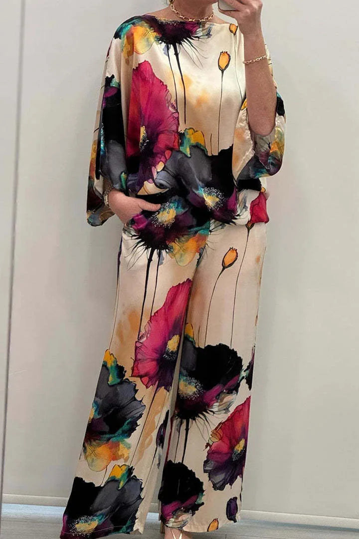 Women’s Satin Two-Piece Set – Summer Printed Round Neck Top & Wide-Leg Pants | Elegant Casual Fashion Outfit 2025