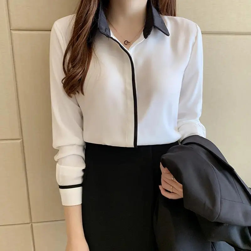 Western Style White Chiffon Shirt – Casual Loose Professional Top for Women, Spring & Autumn Fashion