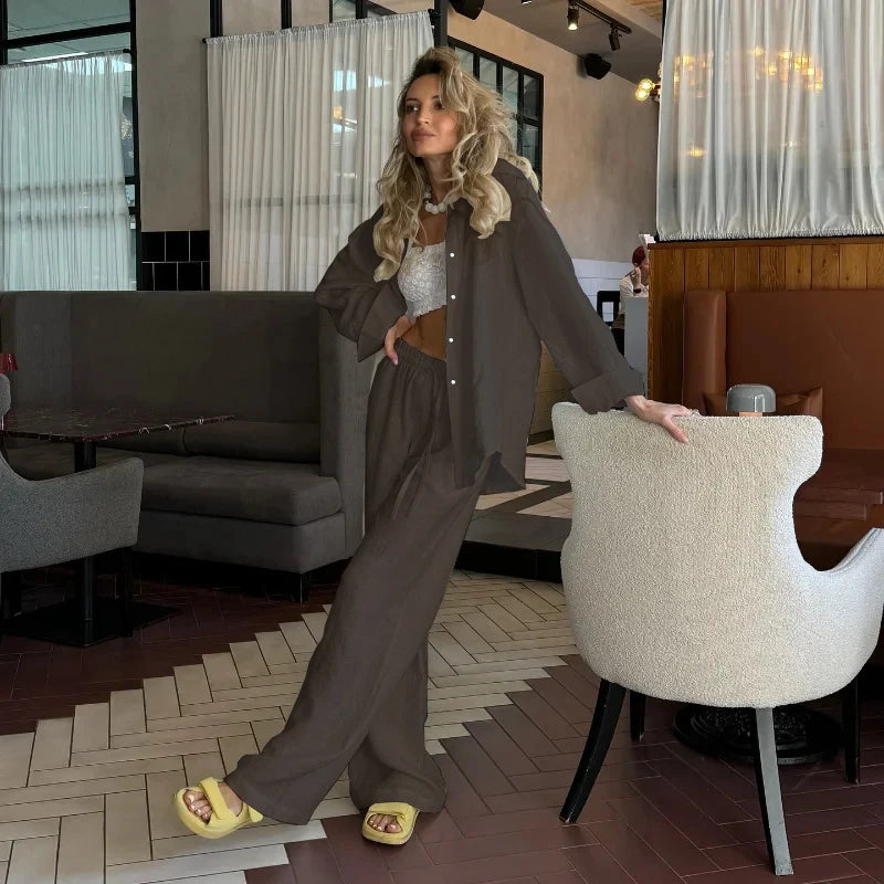 Women’s Casual Cozy Lapel Pink Shirt & Pants Set – Fashion Single-Breasted Blouse with Elastic Waist Trousers | 2025 Spring Loose Outfit