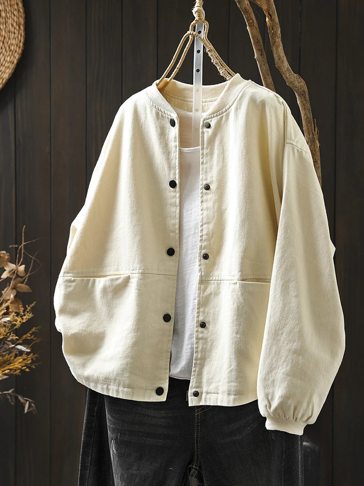 Women’s Casual Cotton Coat – 2025 Autumn Solid Color Loose Short Jacket with Double Pockets | Simple Everyday Style (T647)