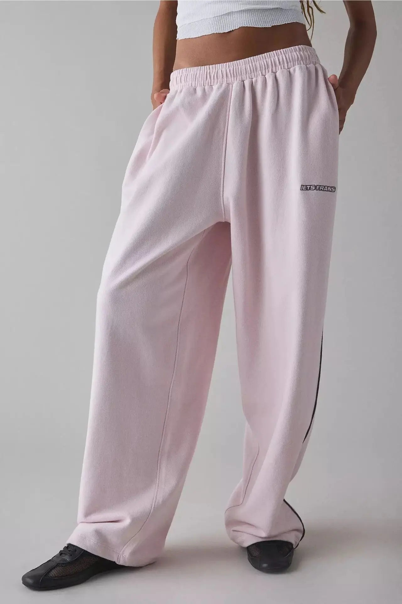 Women’s Pink Embroidered Casual Pants – Loose Straight-Leg Trousers with Elastic Waist | 2025 New Fashion