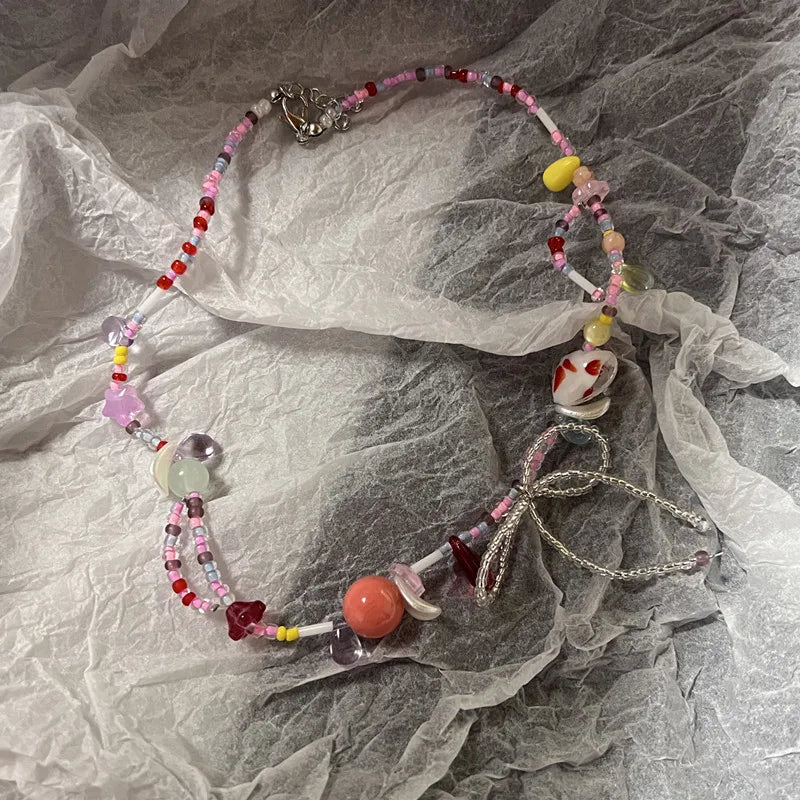 Harajuku Y2K Colorful Beaded Bow Pendant Necklace – Aesthetic Acrylic Jewelry for Women & Party Wear