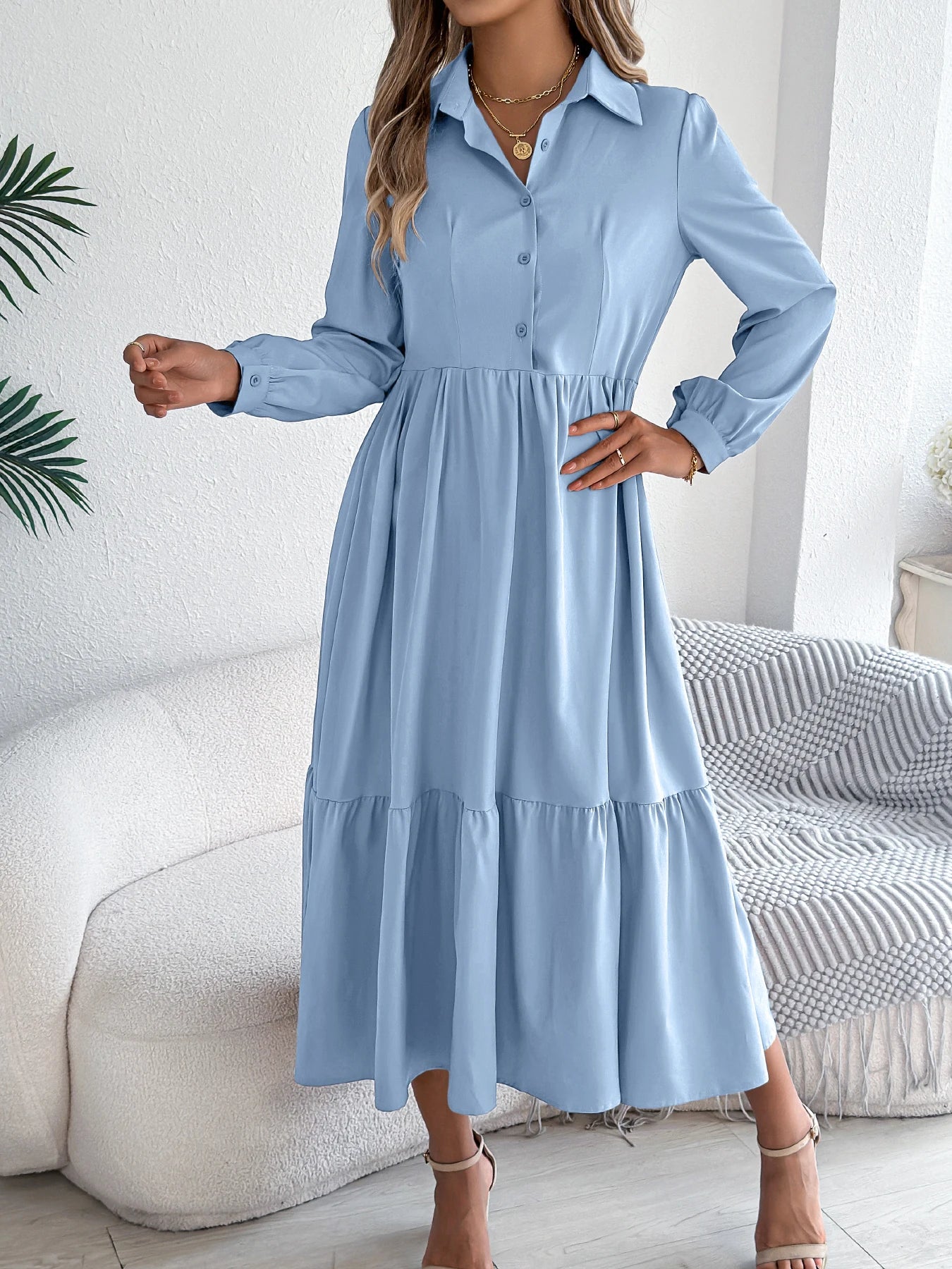 Women’s Casual Vacation Shirt Dress – Long Sleeve Turn-Down Collar Single-Breasted Spring & Autumn Dress