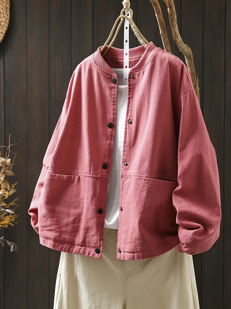 Women’s Casual Cotton Coat – 2025 Autumn Solid Color Loose Short Jacket with Double Pockets | Simple Everyday Style (T647)