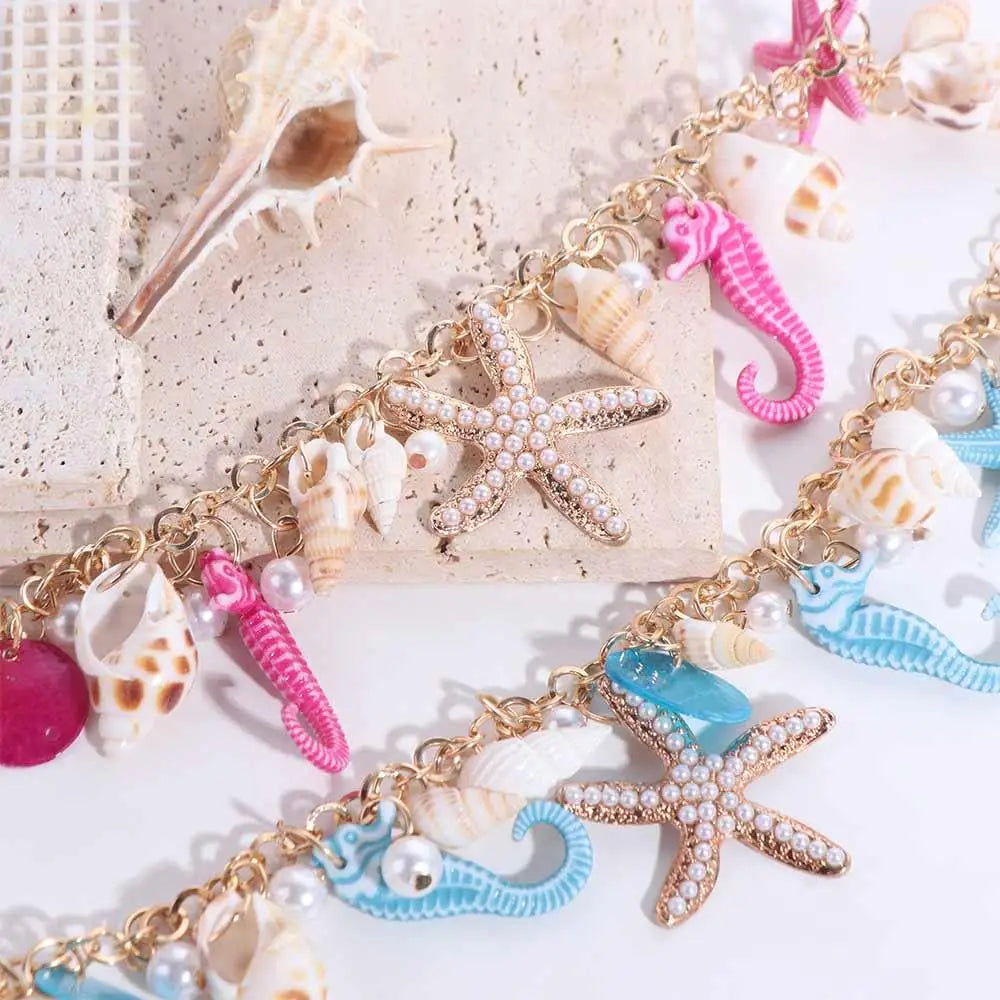 Bohemian Sea Shell & Starfish Bracelet – Imitation Pearl Beaded Adjustable Beach Jewelry for Women