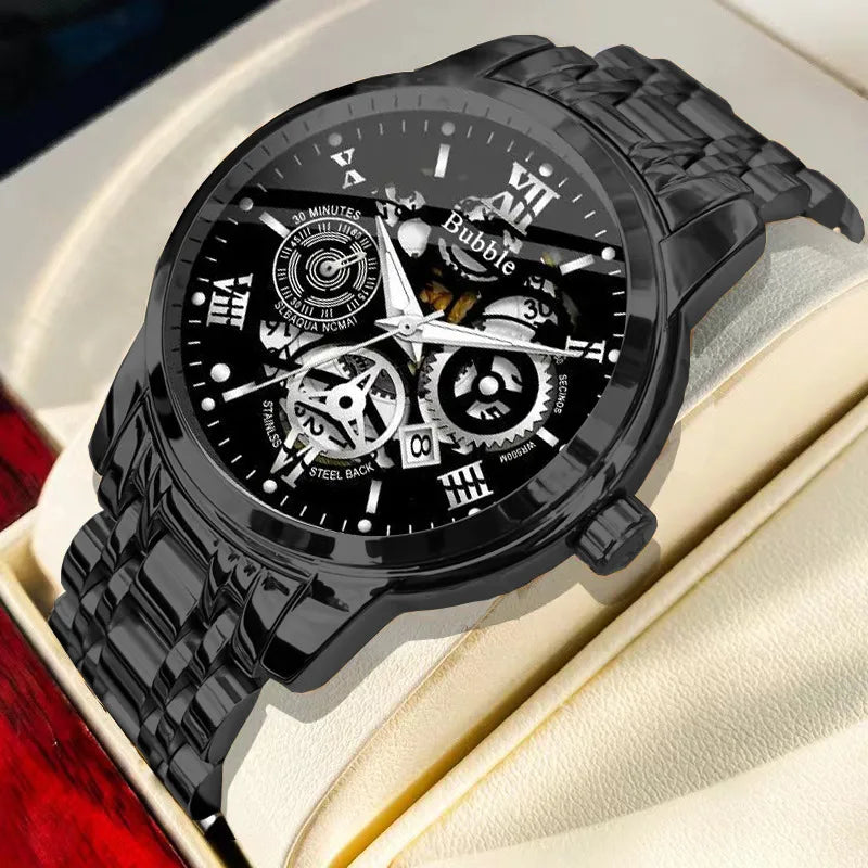 UTHAI Men’s Luxury Roman Hollow Quartz Watch – Waterproof Versatile Stainless Steel Wristwatch