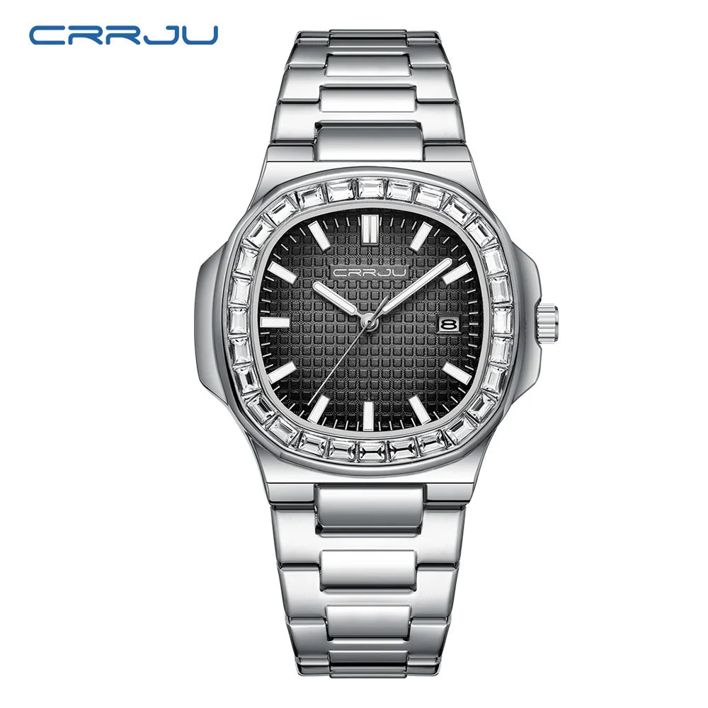 CRRJU Luxury Men’s Stainless Steel Quartz Watch – High-Quality Fashion Wristwatch with Calendar Display