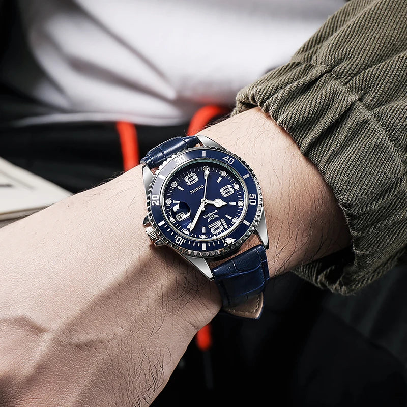 Luxury Men’s Leather Strap Watch – Waterproof Quartz Wristwatch with Calendar Display