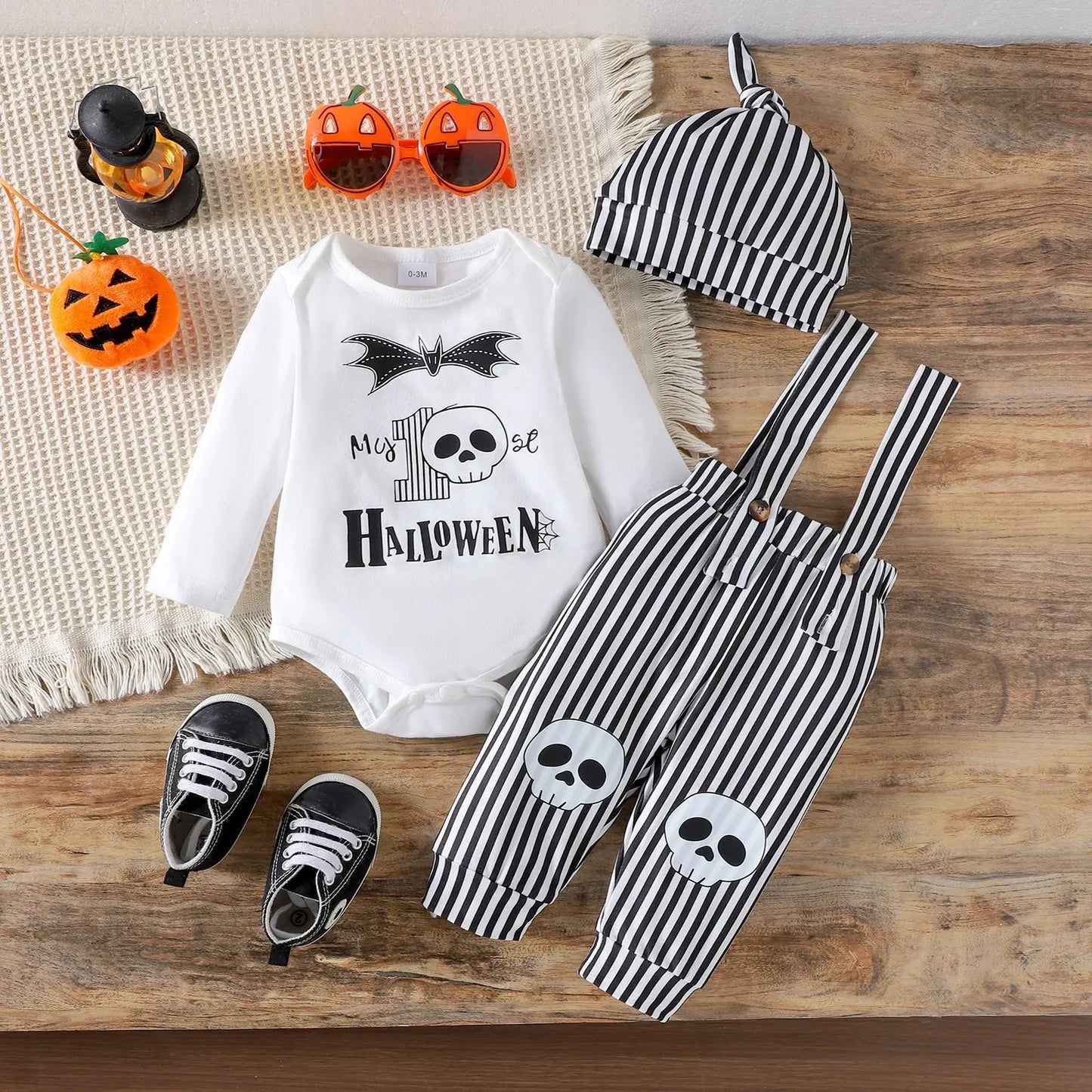 Ceeniu My First Halloween Baby Outfit – Boys Long Sleeve Letter Romper with Suspender Pants & Hat, Newborn Costume