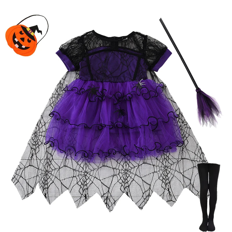 2–7Y Halloween Witch Cosplay Dress – Cute Spider Mesh Cape Outfit for Baby & Kids, Carnival Party Costume