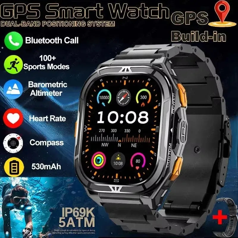 2025 GPS Smart Watch for Men – 1.96” HD AMOLED Display, Compass, Bluetooth Call & 5ATM Waterproof Sport Smartwatch (Android/iOS)