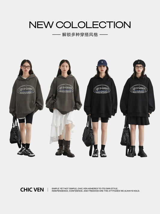 CHIC VEN Women’s Sweatshirt – Retro Letter Printed Hoodie, Loose Cotton Streetwear Top for Spring & Autumn