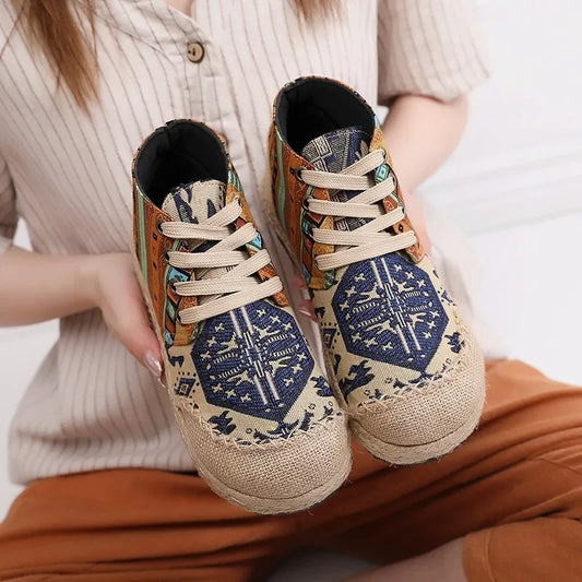 Women’s Bohemian Grass Woven Flat Espadrilles – Comfortable Lace-Up Non-Leather Casual Shoes