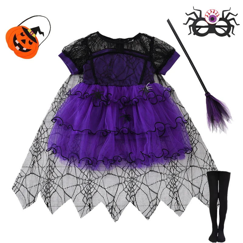 2–7Y Halloween Witch Cosplay Dress – Cute Spider Mesh Cape Outfit for Baby & Kids, Carnival Party Costume