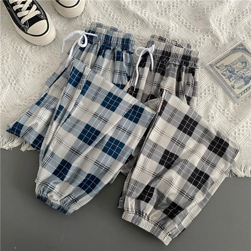 Women’s Korean Plaid Casual Pants – Loose Harajuku Harem Trousers | Summer Streetwear Fashion for Students