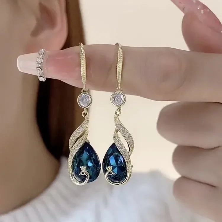 Elegant Blue Peacock Crystal Jewelry Set – Long Tassel Necklace & Earrings for Women, Vintage Luxury Party Gift