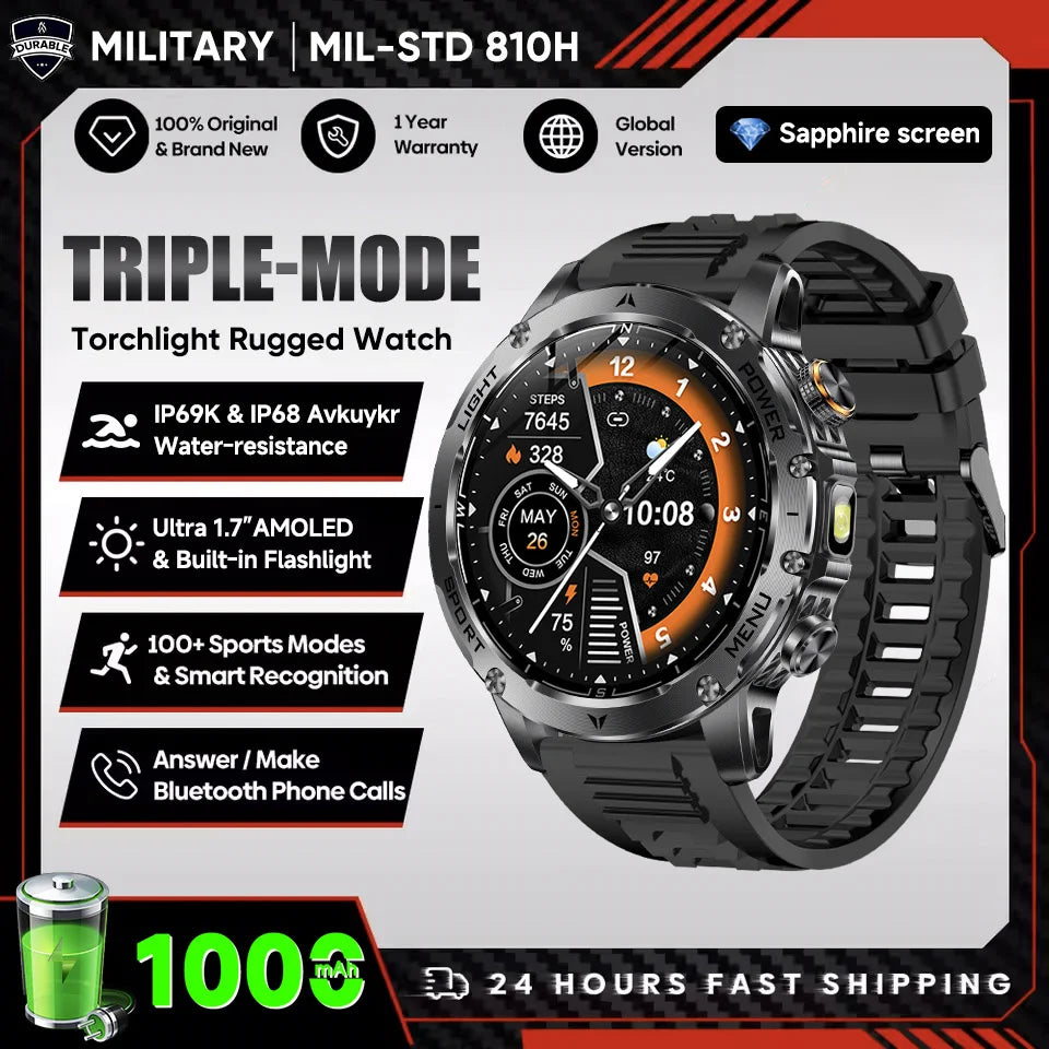 2025 T-Rex 3 Smart Watch – 1.75” HD Large Screen Military Sport Smartwatch with Dual-Band GNSS, Compass & IP68 Waterproof Rating