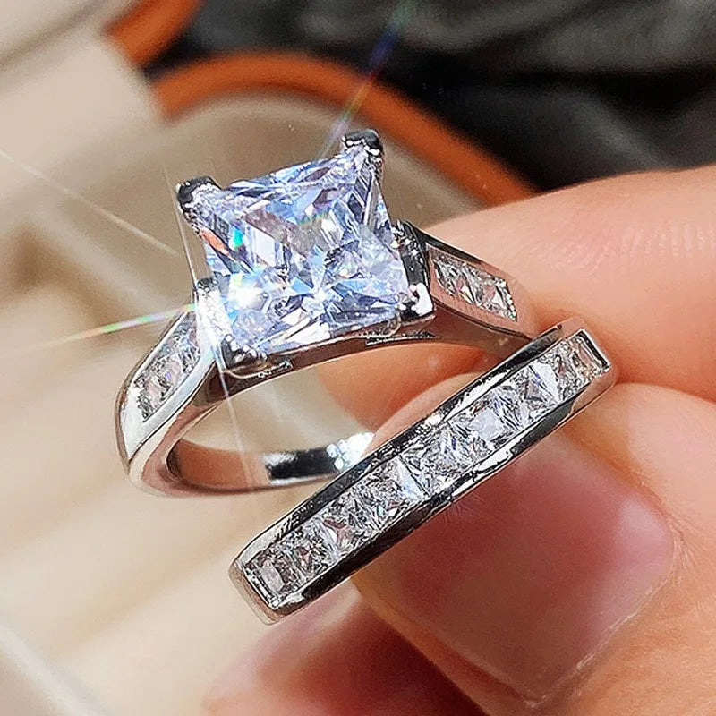 Luxury Wedding Ring Set for Women – Dazzling Square Zirconia Rhinestone Bridal Jewelry & Elegant Accessories