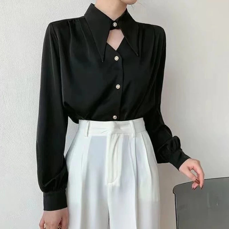 Women’s Casual V-Neck Hollow-Out Shirt – Soft Solid Blouse Retro European Style Streetwear Top