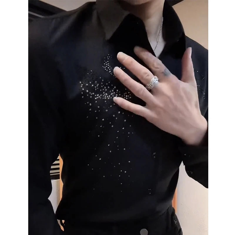 Spring Autumn Men’s Korean Fashion Rhinestone Button-Up Shirt