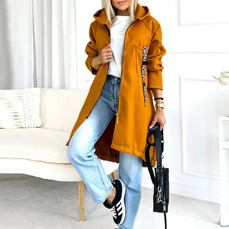 Women’s Casual Letter Printed Long Hoodie Jacket – Zipper Overcoat for Autumn & Winter | Sporty Streetwear Outerwear
